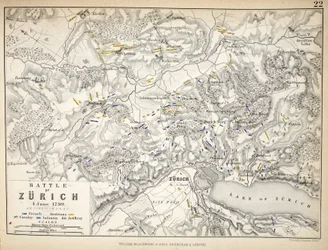 チューリッヒの戦いの地図、ウィリアムブラックウッドアンドサンズ発行、エジンバラとロンドン、1848年（手描きの彫刻）
